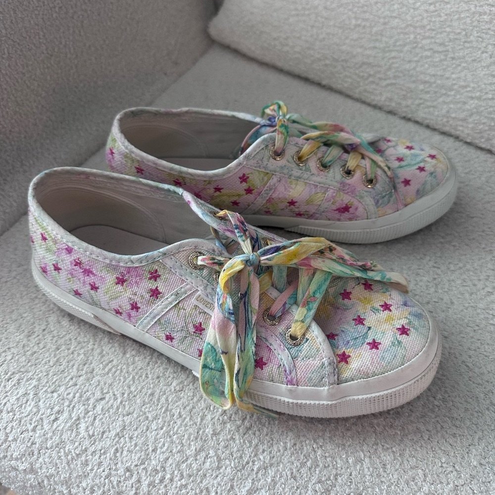 LoveShackFancy x Superga collab floral print on canvas with pink star embroidery